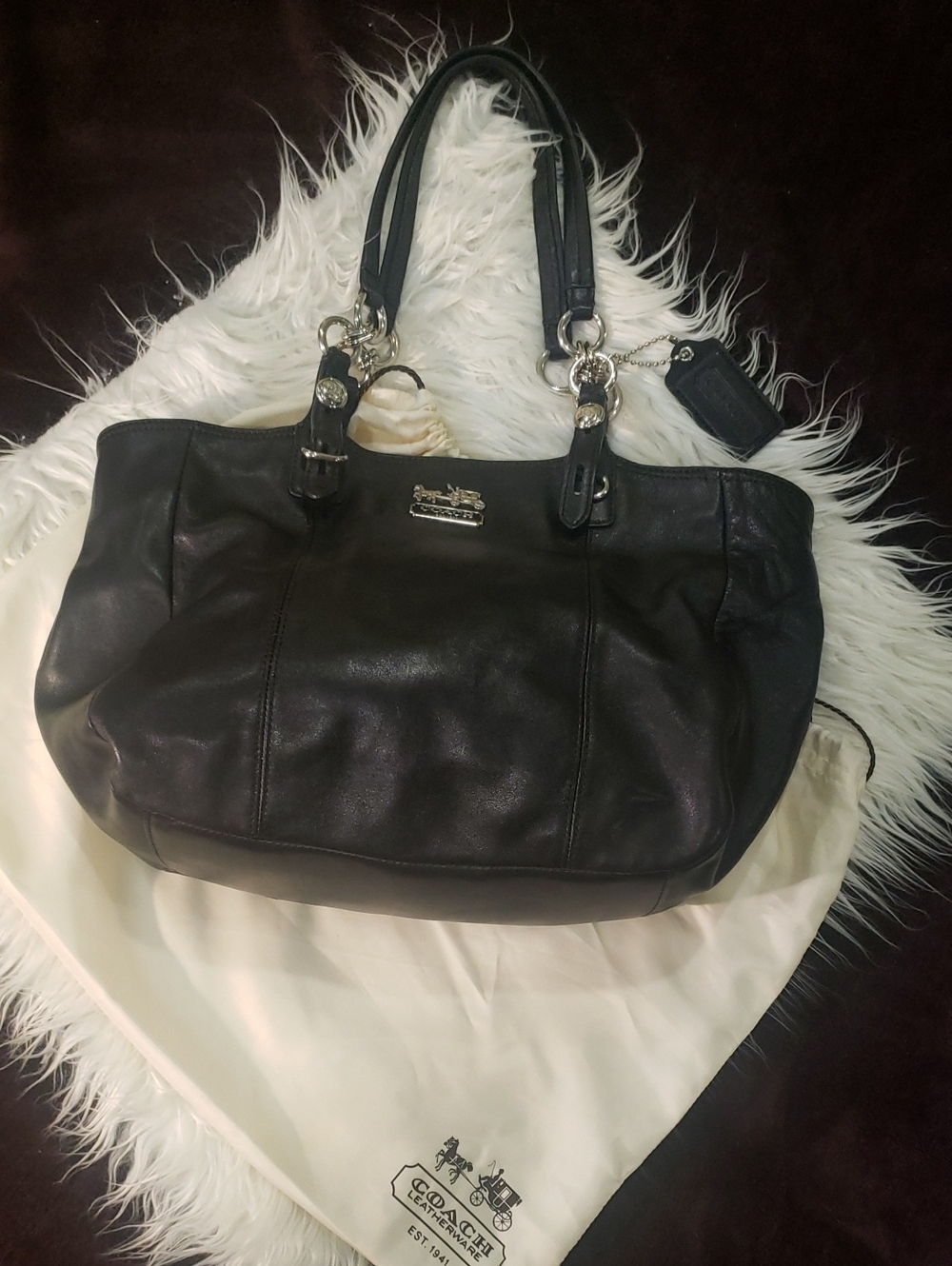 Coach Black Leather Tote with Silver Hardware